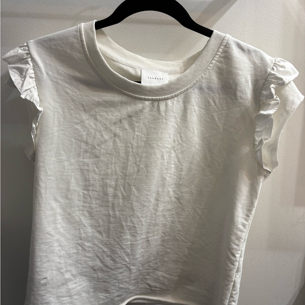 Sundays White Ruffle Sleeve Tee